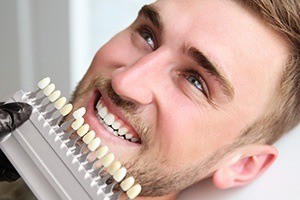 Man's smile compared with teeth whitening shade chart