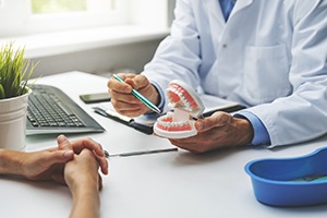 Dentist and patient sitting at desk during consultation for full mouth reconstruction